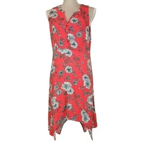 Peace & Pearls Red Floral Sleeveless Textured Dress Size L Asymmetric Hem V-Neck